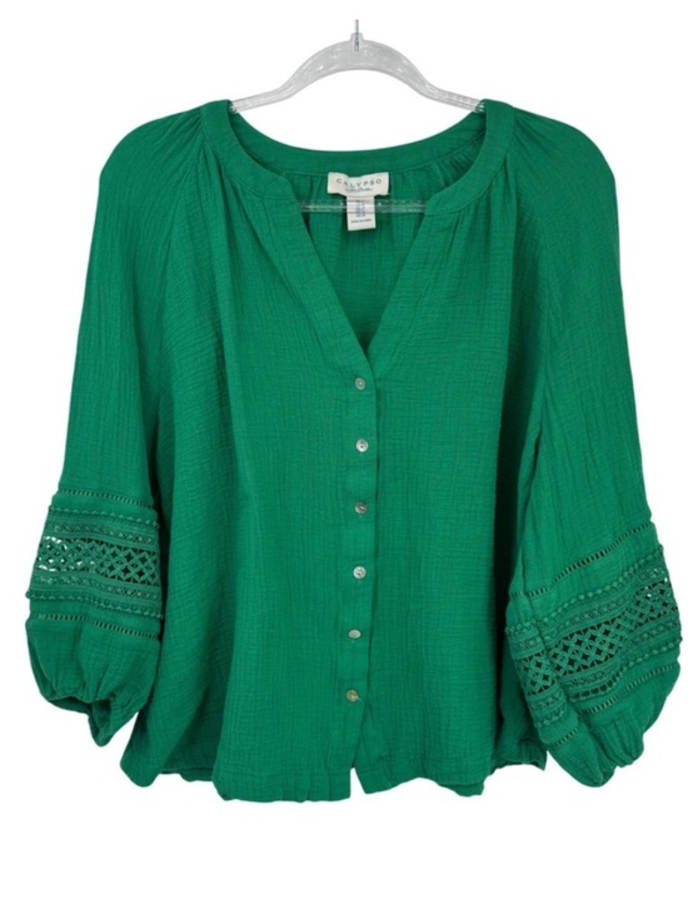 NWOT Calypso St Barth Green Cotton Gauze Crochet Lace Top, 1X Beachy